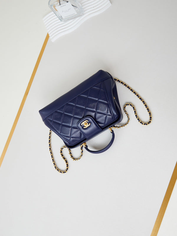 CC 24A Top Handle 23.5cm Night Blue Wax Leather Gold Hardware 238473