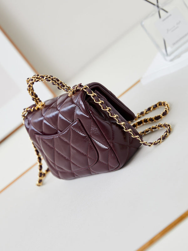 CC Flap Bag With Top Handle 19cm Wine Red Sheepskin Gold Hardware 238483