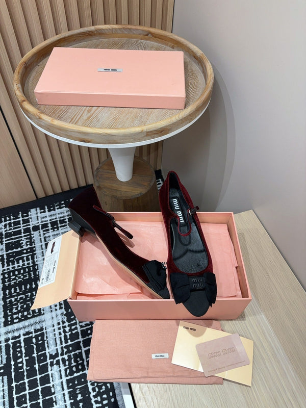 Miu Ballet Flat Wine Red And Black Velvet