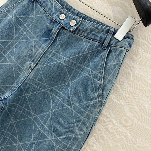 CD Plaid Straight Jeans Retro Blue Cotton