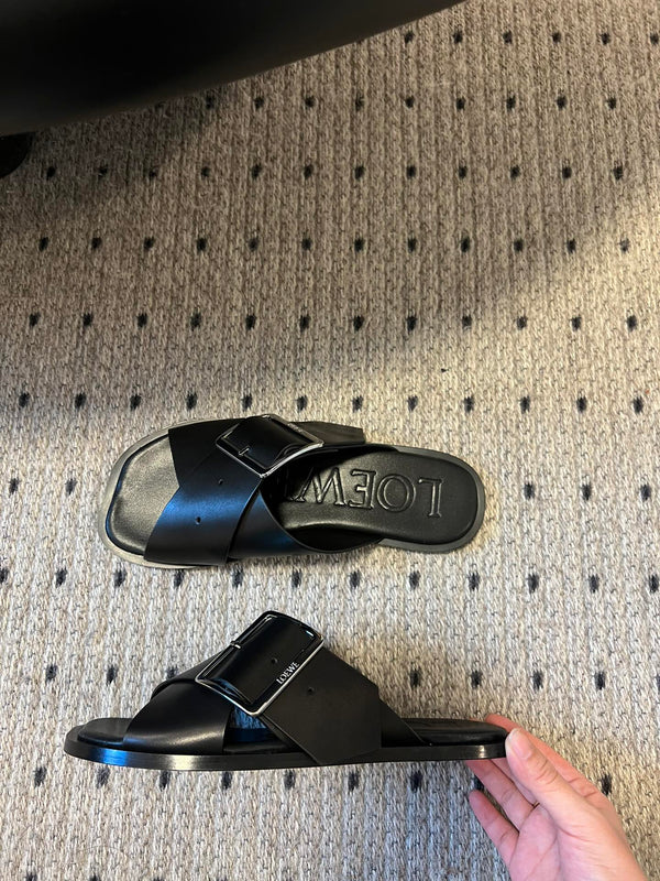 Loewe 25 Petal Belt Flat Sandals Black Sheepskin