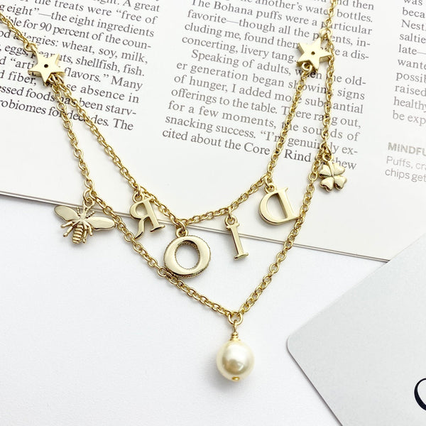 CD 26S Multi Charm Layered Dior Necklace With Pearl Drop In Gold Tone 631779