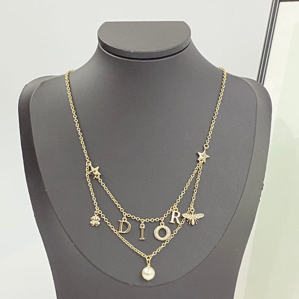 CD 26S Multi Charm Layered Dior Necklace With Pearl Drop In Gold Tone 631779