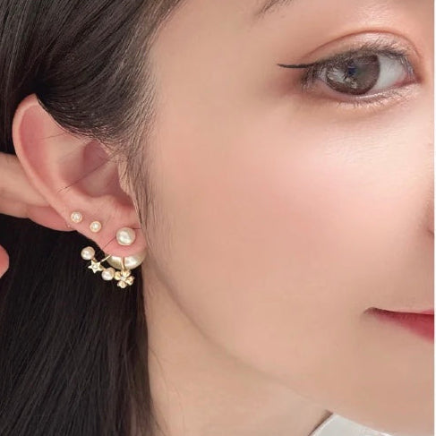 CD 26S Pearl Star Clover Double Stud Earrings In Gold Metal 631770