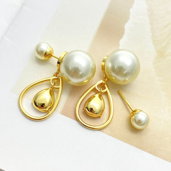 CD 26S Pearl Teardrop Crystal Double Stud Earrings In Gold Metal 631769