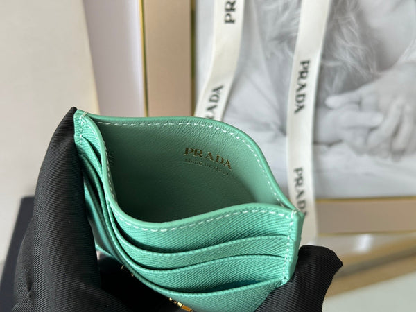 Pra Gold Logo-Stamp Card Holder Mint Saffiano Leather