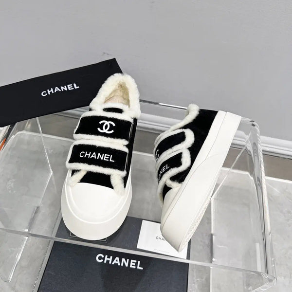 CC Sneaker Thick-Soled White Black Suede Wool Lining Fleece