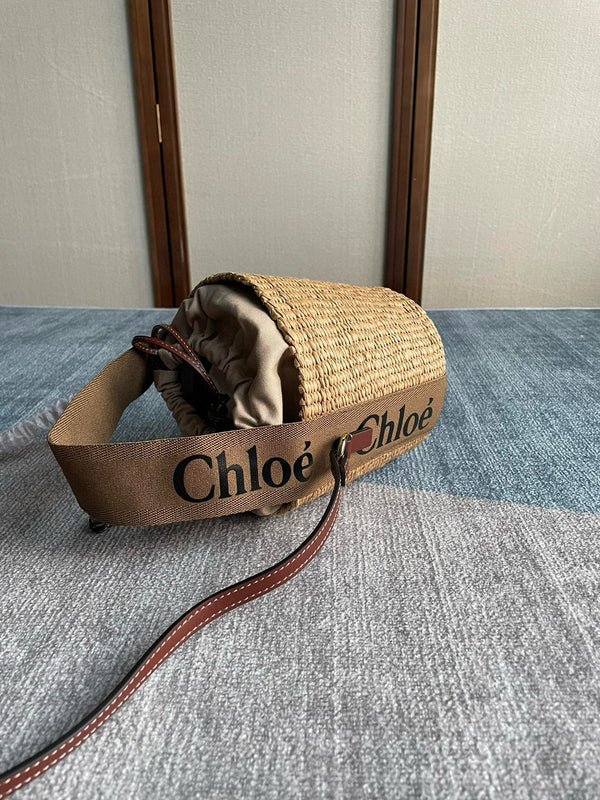 Chloe Small Woody Bucket Top Handle Bag 16cm Brown Linen And Calfskin