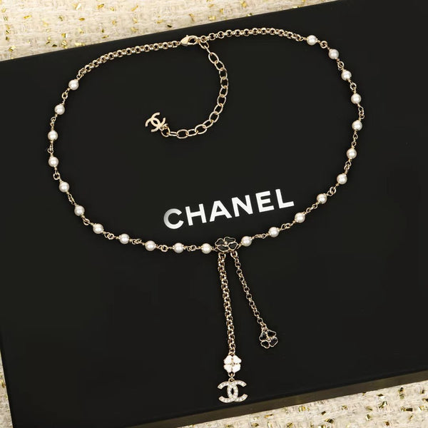 CC Camellia Tassel With Pearl Pink Gold Necklace