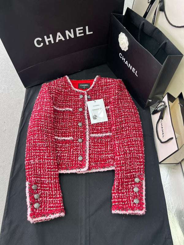 CC 25 Pink and Black Woven Trim Red Wool Jacket Skirt Pants Set