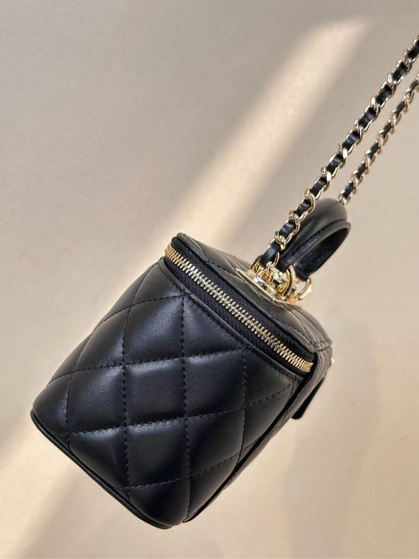 CC Mirror Vanity Case Top Handle Chain Strap Black Calfskin GHW