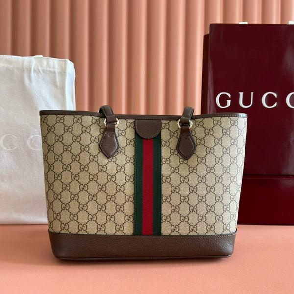 GG 2025 Ophidia 31cm Tote Bag Ebony Brown Canvas Leather