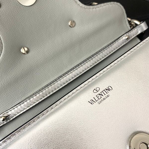 Valentino Garavani Small Locò Shoulder Bag Sliver Metallic Leather