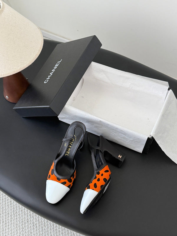 CC Slingback Pums Orange Black Spotted Calfskin 840020