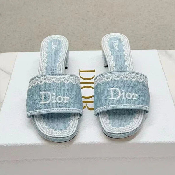 Dior2026 Dentelle Heeled Slide 3.5cm Sky Blue Dior Oblique Embroidered Cotton and White Lace