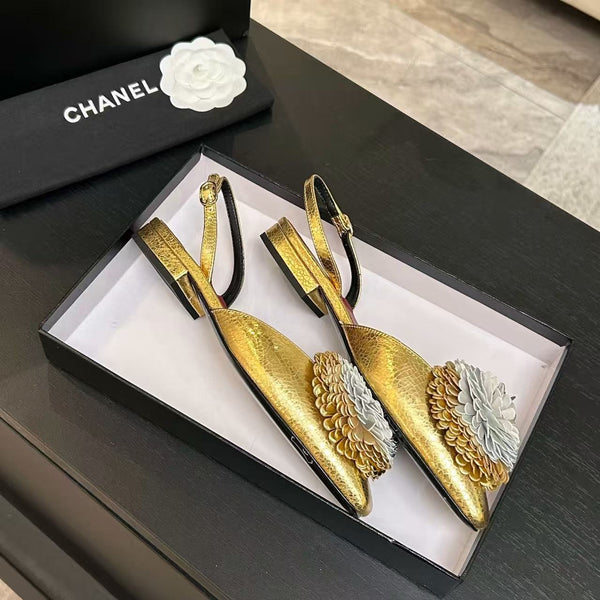 CC 26 Flower-shaped Slingback Pumps Gold Silver Cowhide