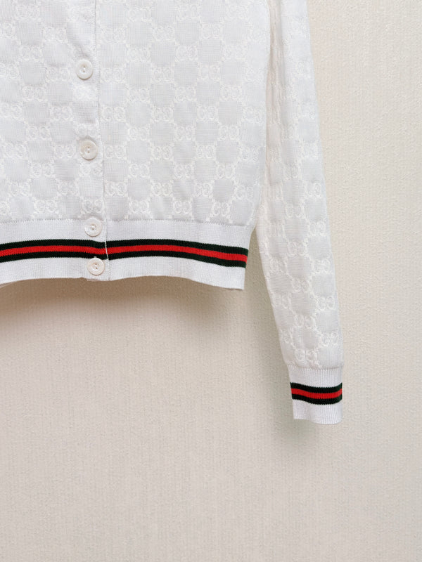 Gucc Monogram Knit Jacquard Cardigan White Cotton