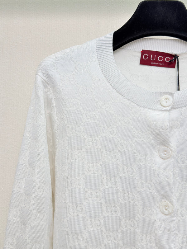 Gucc Monogram Knit Jacquard Cardigan White Cotton