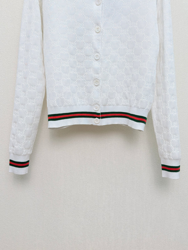 Gucc Monogram Knit Jacquard Cardigan White Cotton
