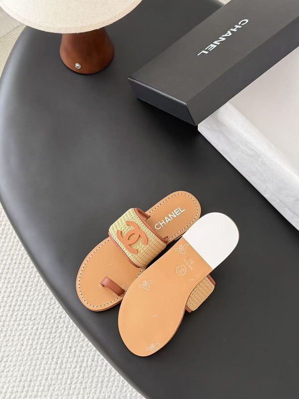CC Toe Ring Thong Sandal In Beige Tan Brown Woven And Leather