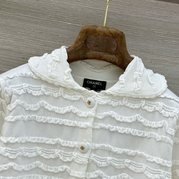 CC Ruffled Short Sleeve Knit Cardigan White Cotton