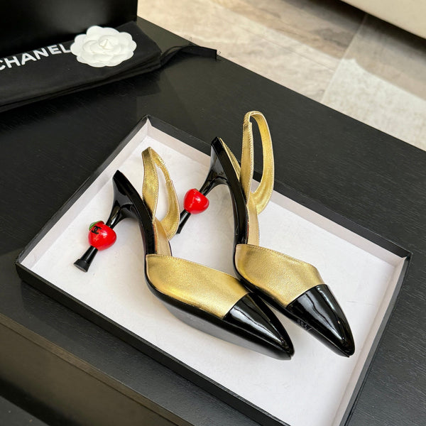 CC Métiers d'Art Apple Slingback Pumps 8.5cm Black Gold Metalic Leather