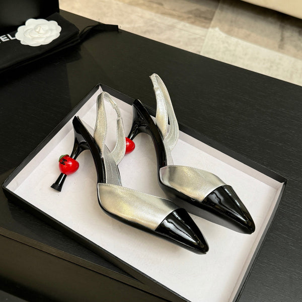 CC Métiers d'Art Apple Slingback Pumps 8.5cm Black Silver Metalic Leather