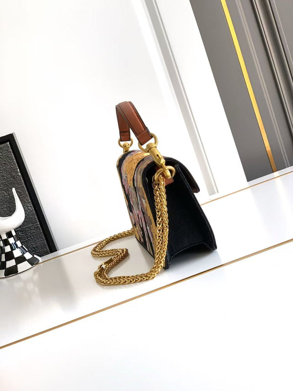 VLTN Locò Small Shoulder Bag Floral Embroidery 20cm Black Calfskin