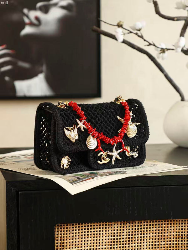 CC Coco Beach 2026 Small Flap Bag Charm 21cm Black Mesh