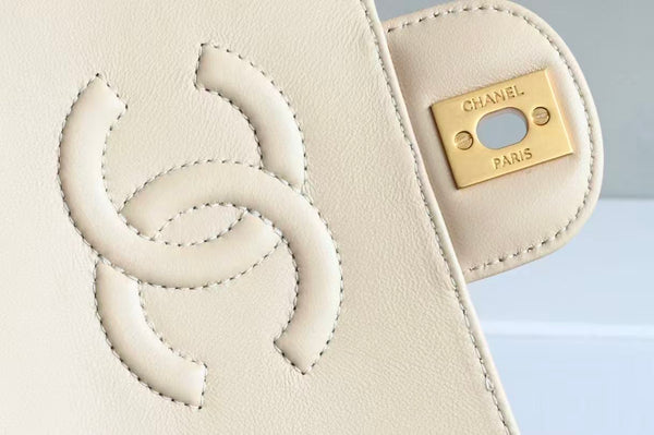 CC Small Top Handle Flap Bag Beige 22cm Lambskin Gold Hardware