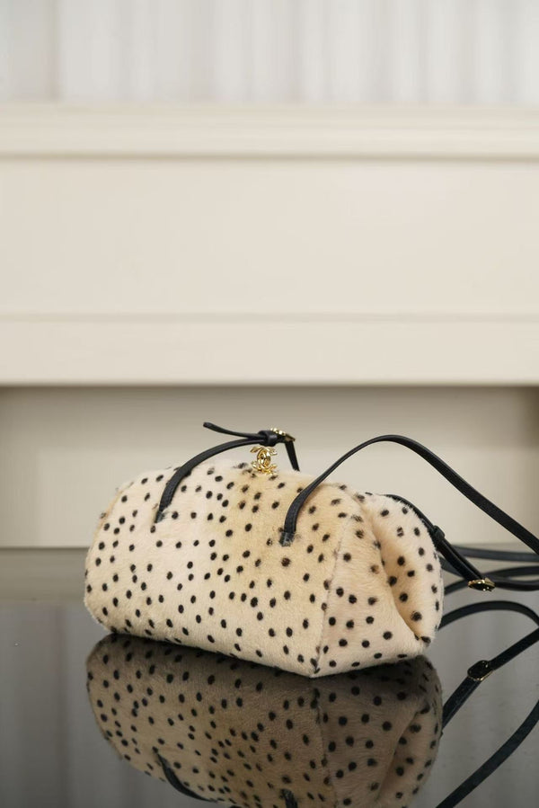CC 26A Handbag 29.5CM Dalmatian Print Ivory Black Shearling Leather