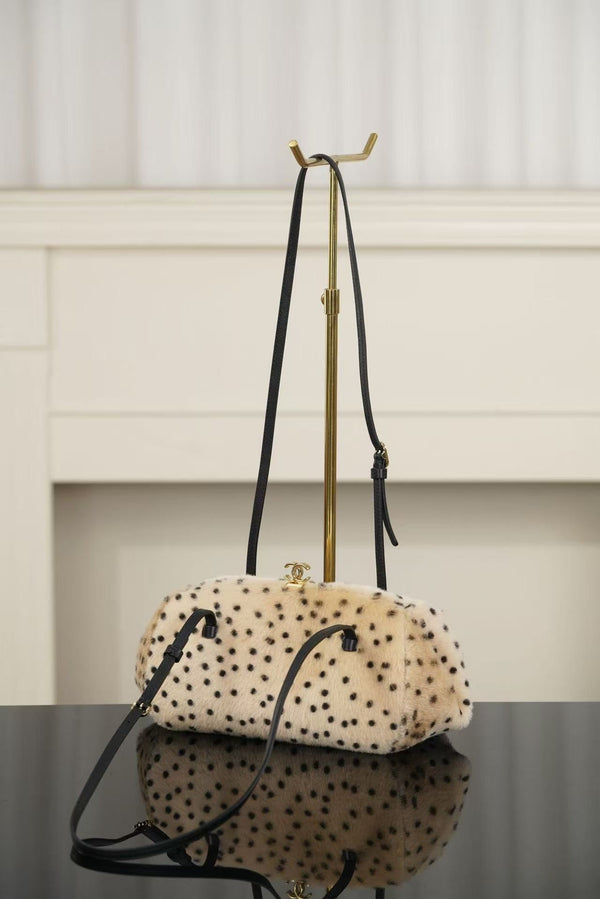 CC 26A Handbag 29.5CM Dalmatian Print Ivory Black Shearling Leather