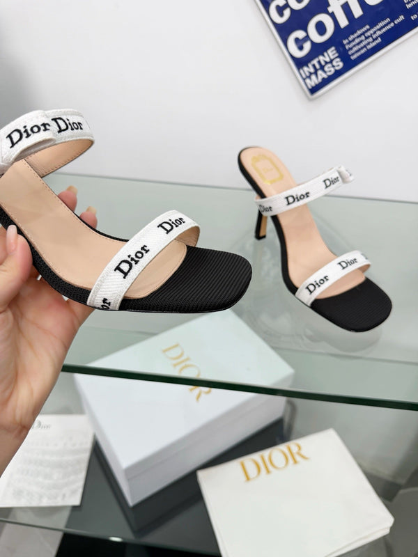 CD J’Adior High Heel Sandals 95mm Black and White Embroidered Fabric