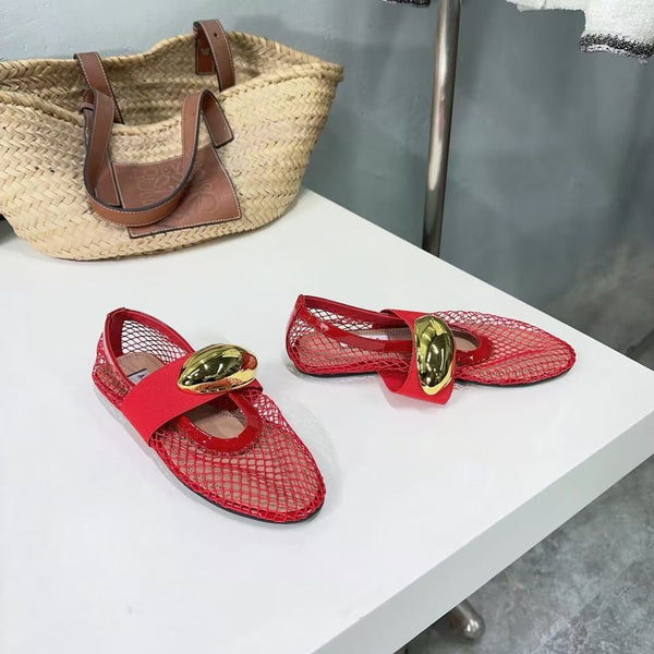 Alaila Ballet Flats Gold Oval Buckle In Burgundy Mesh Fabric 895243