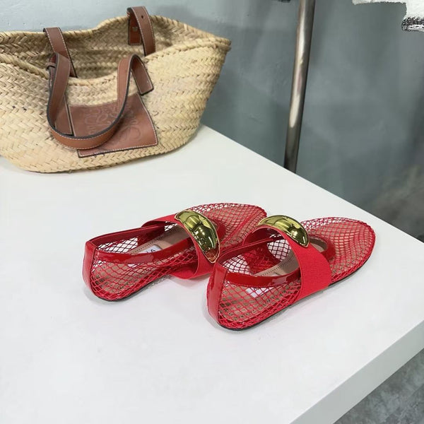 Alaila Ballet Flats Gold Oval Buckle In Burgundy Mesh Fabric 895243