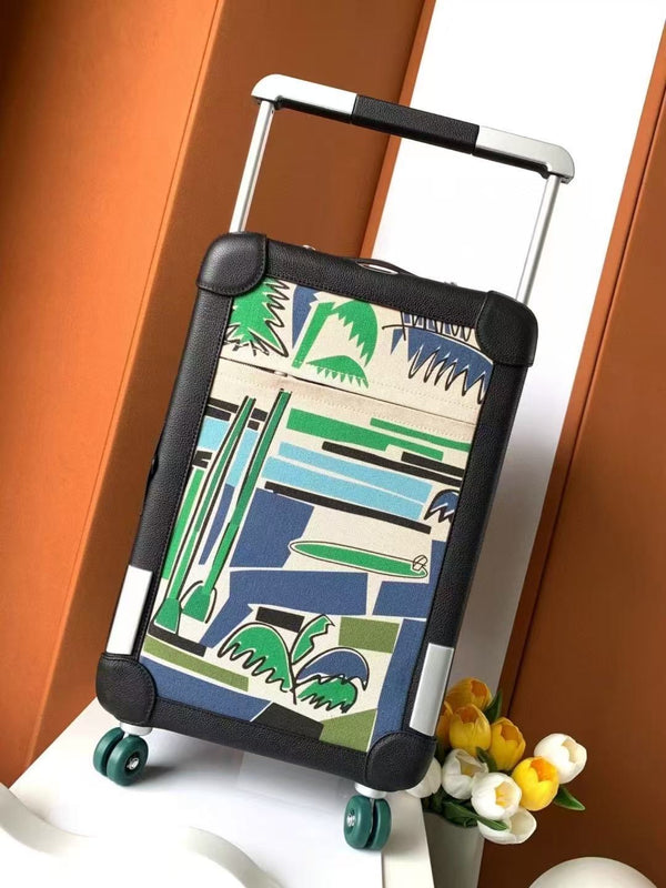 HM R.M.S Cabine Surfer Rolling Suitcase Black Multicolor Canvas Leather