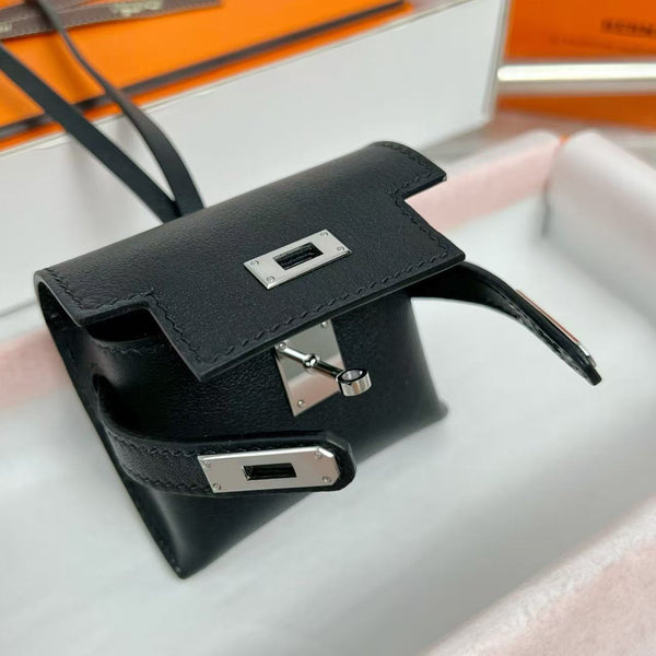 HM Kelly Festival Bag Charm in Noir Swift Calfskin SHW