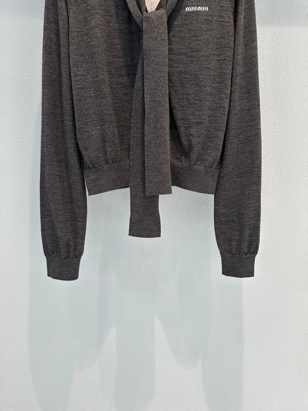 Miu Cardigan With Neck Scarf Anthracite Gray Wool