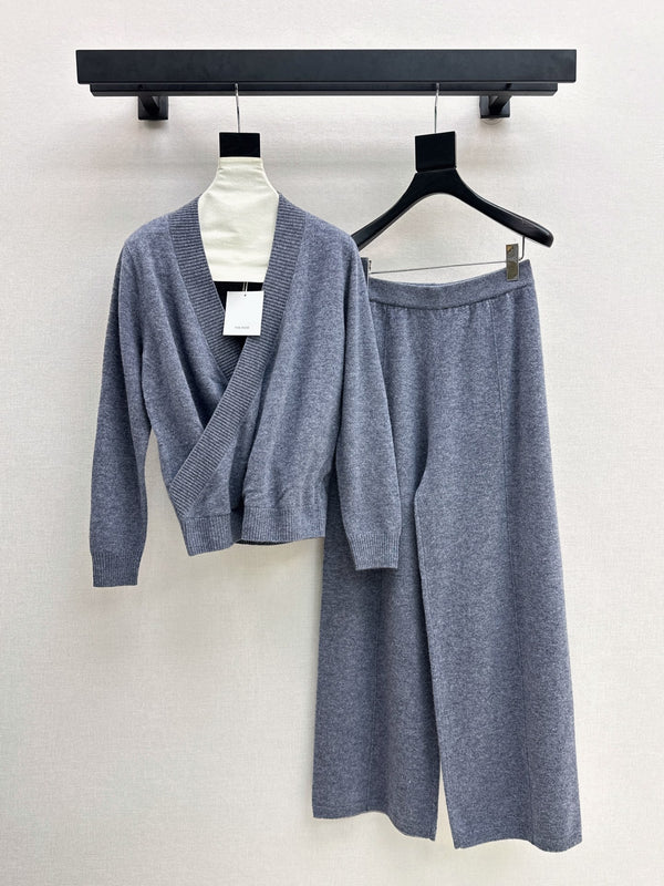 TR Knit Wrap Cardigan & Wide-Leg Pants Set Slate Gray Wool