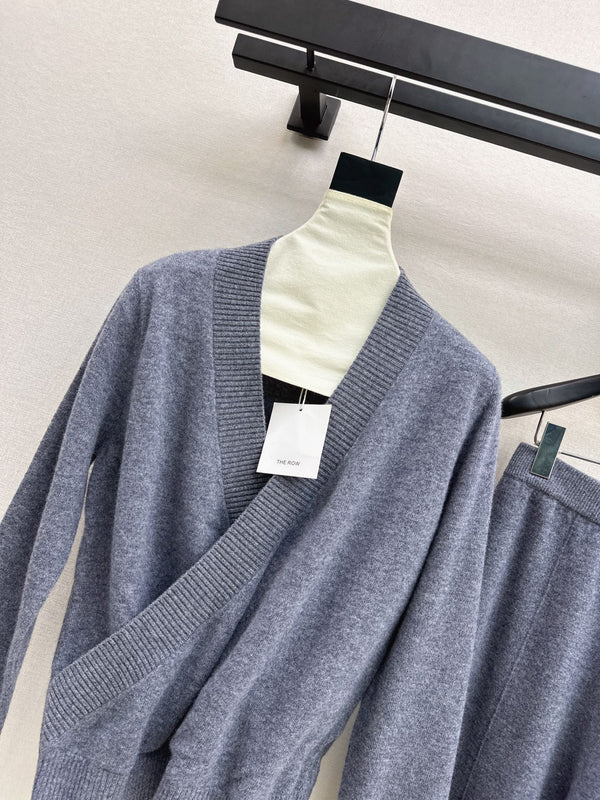 TR Knit Wrap Cardigan & Wide-Leg Pants Set Slate Gray Wool