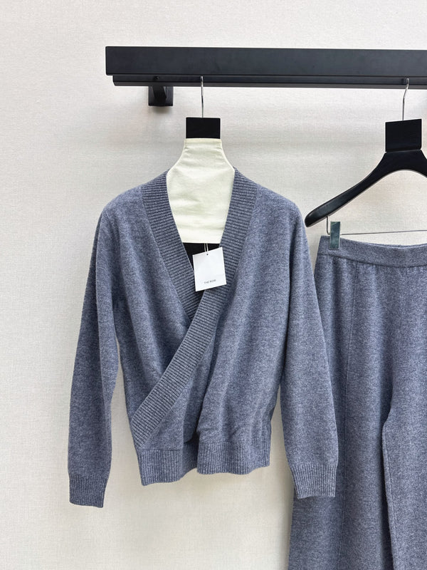 TR Knit Wrap Cardigan & Wide-Leg Pants Set Slate Gray Wool