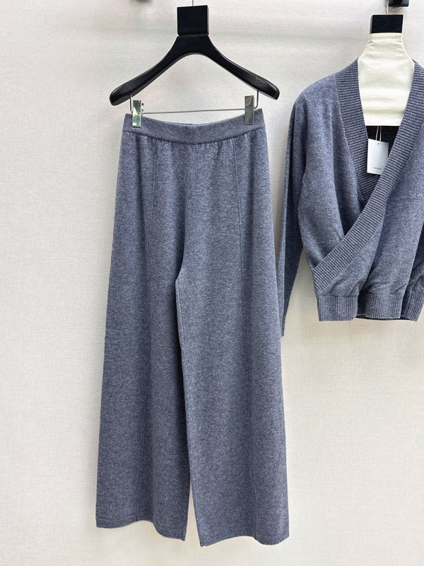TR Knit Wrap Cardigan & Wide-Leg Pants Set Slate Gray Wool