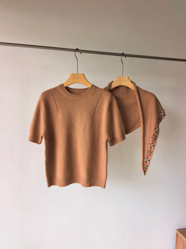 Prad Short-Sleeved Sweater With Scarf Camel Brown Cashmere