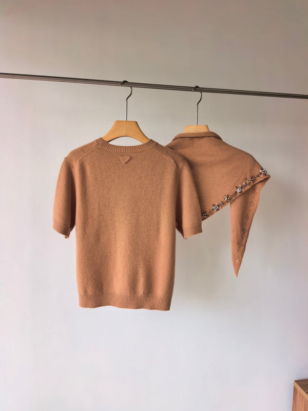 Prad Short-Sleeved Sweater With Scarf Camel Brown Cashmere