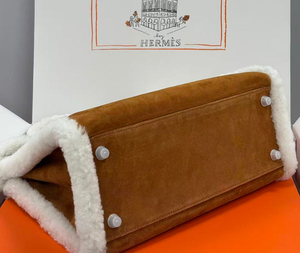 HM Kelly Teddy Shearling 28cm Brown Suede Silver Hardware