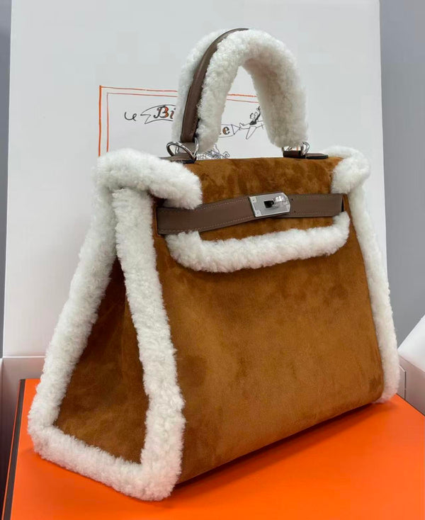 HM Kelly Teddy Shearling 28cm Brown Suede Silver Hardware