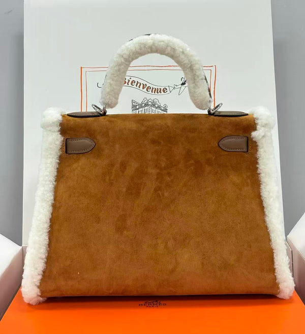 HM Kelly Teddy Shearling 28cm Brown Suede Silver Hardware