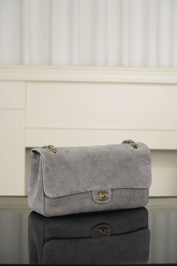 Chanel Maxi Flap Bag 32cm Grey Suede Leather