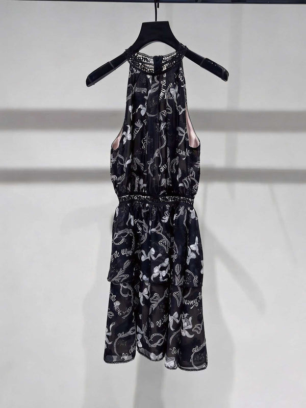 CC Floral Print Tiered Halter Mini Dress Black Polyester