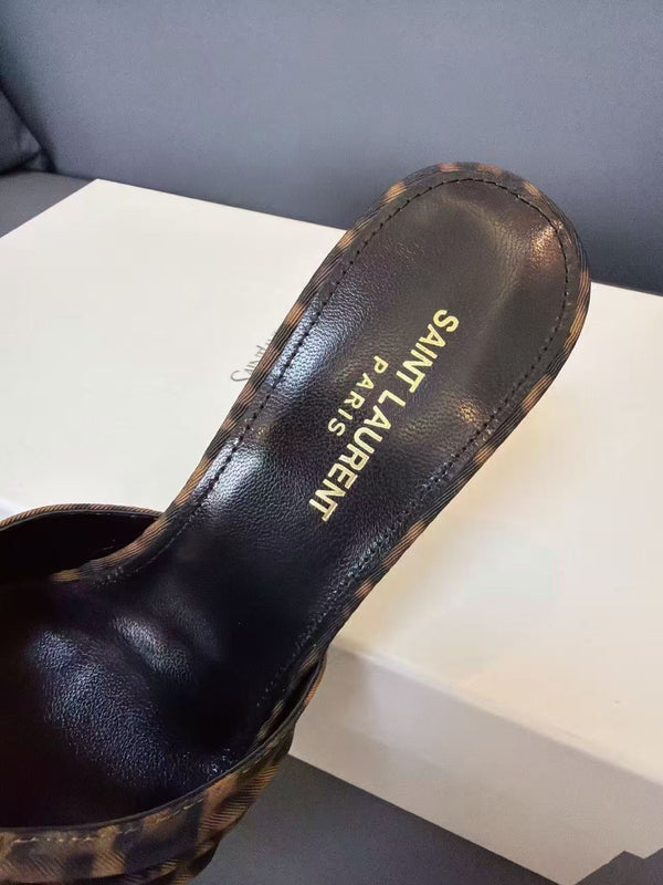 YSL Babylone Mules 8cm in Brown Leopard Grosgrain Fabric